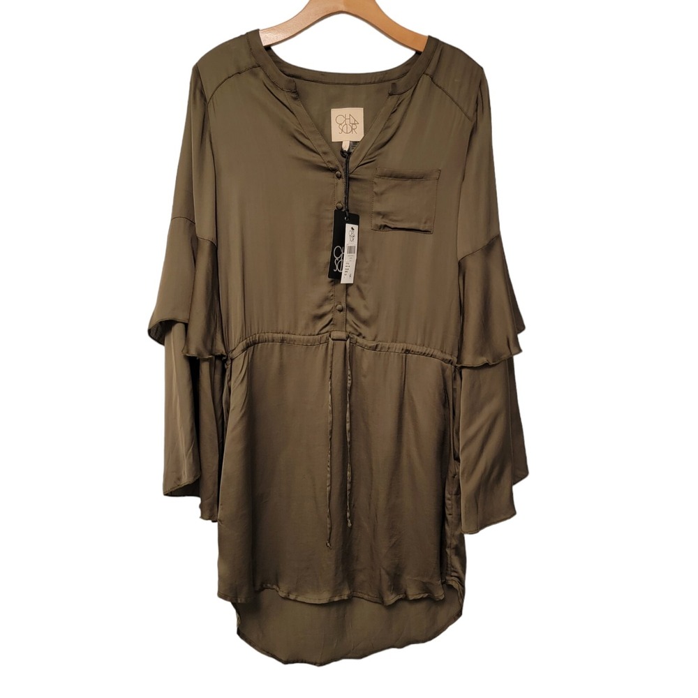 Chaser Dress Juniper Olive Ruffle Sleeve Mini Shirt Dress Sz S MSRP $119‎ NWT